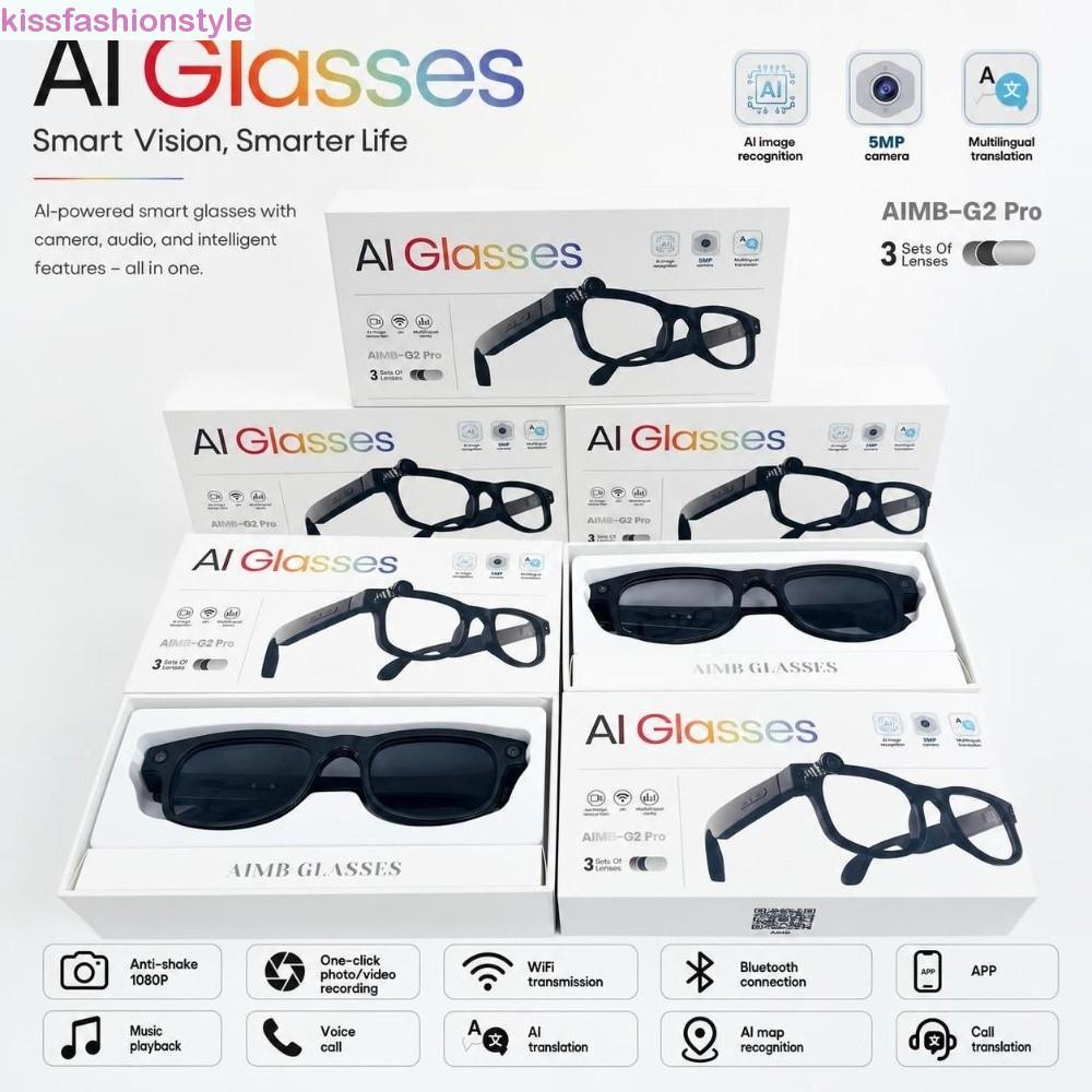 KISSFASHIONSTYLE AI แว่นตาอัจฉริยะ, 2 in 1 การแปลแบบเรียลไทม์สมาร์ท AI แว่นตา, HD Photo Video Voice 