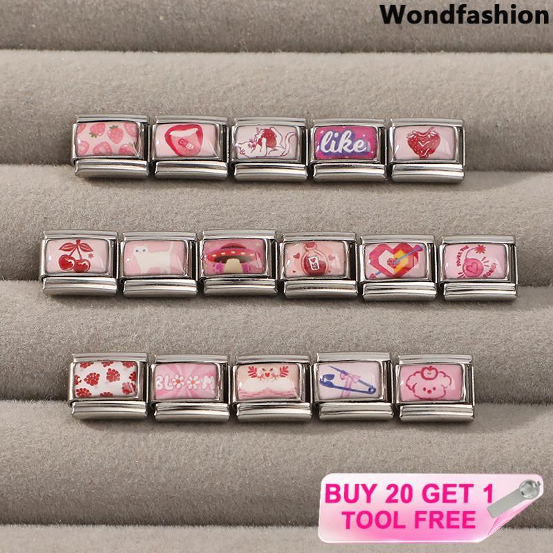 สร้อยข้อมือcharmสไตล์อิตาเลียน สีชมพู ทำจากสแตนเลส ขนาด9มม. เหมาะสำหรับการสวมใส่และตกแต่ง
