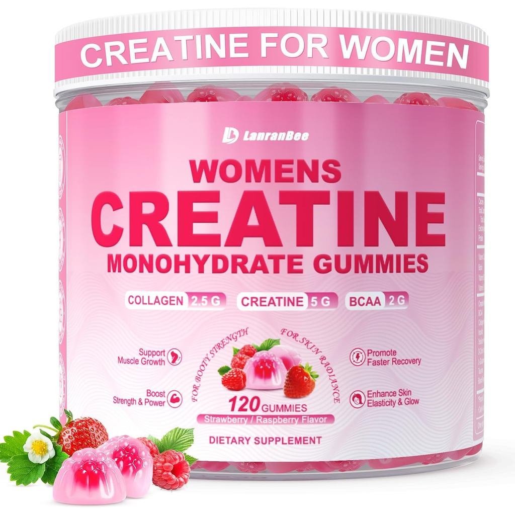 Creatine for Women, Creatine Monohydrate Gummies พร้อมคอลลาเจน, BCAA, L-Carnitine & Taurine, รสสตรอเ
