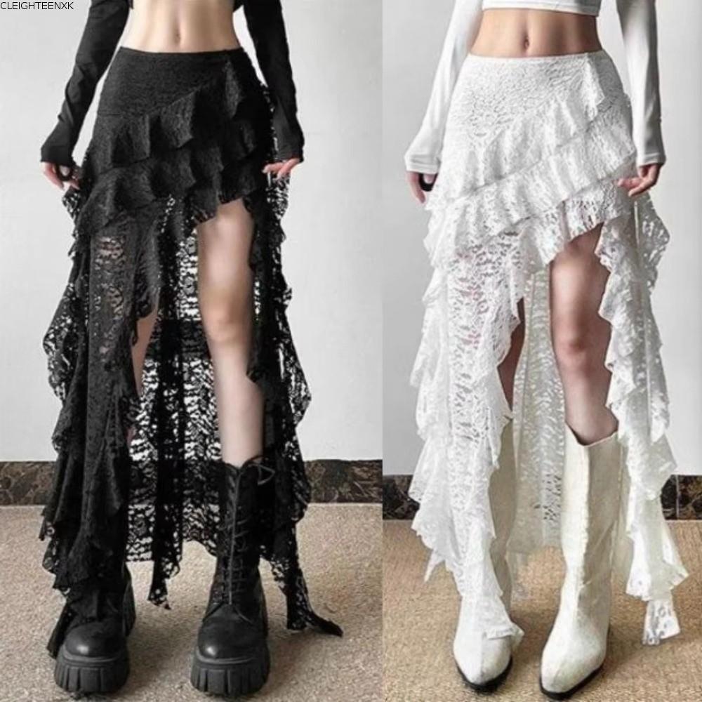 CLEIGHTEEN8H ลูกไม้กระโปรงเอวสูง, การออกแบบไม่สม่ําเสมอ Y2K Gothic กระโปรง, Casual ดูผ่านตาข่ายกระโป
