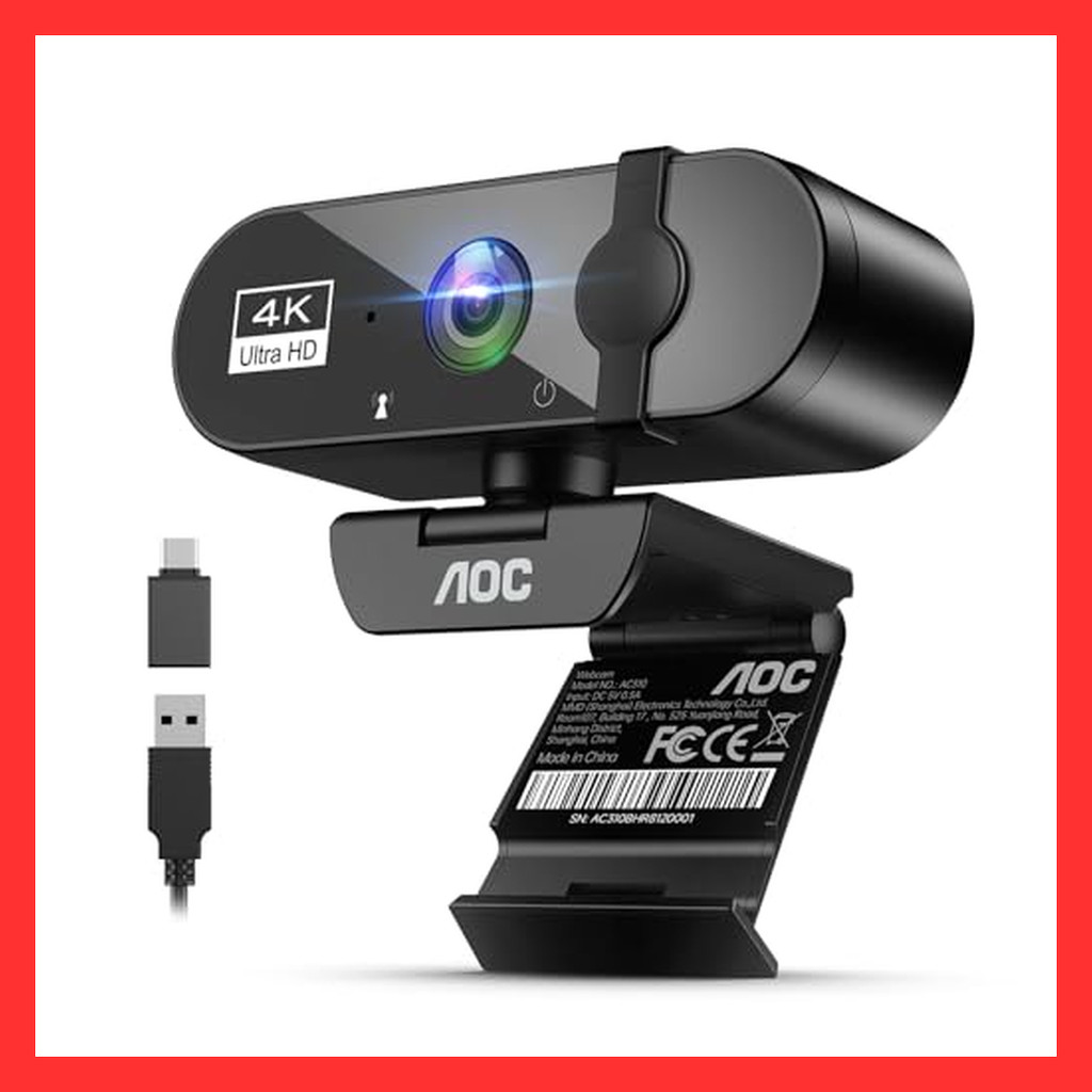 AOC 4K Webcam 8MP with Microphone, 1080P@30FPS, 99° Wide Angle, Auto Light Correction, USB, Privacy 