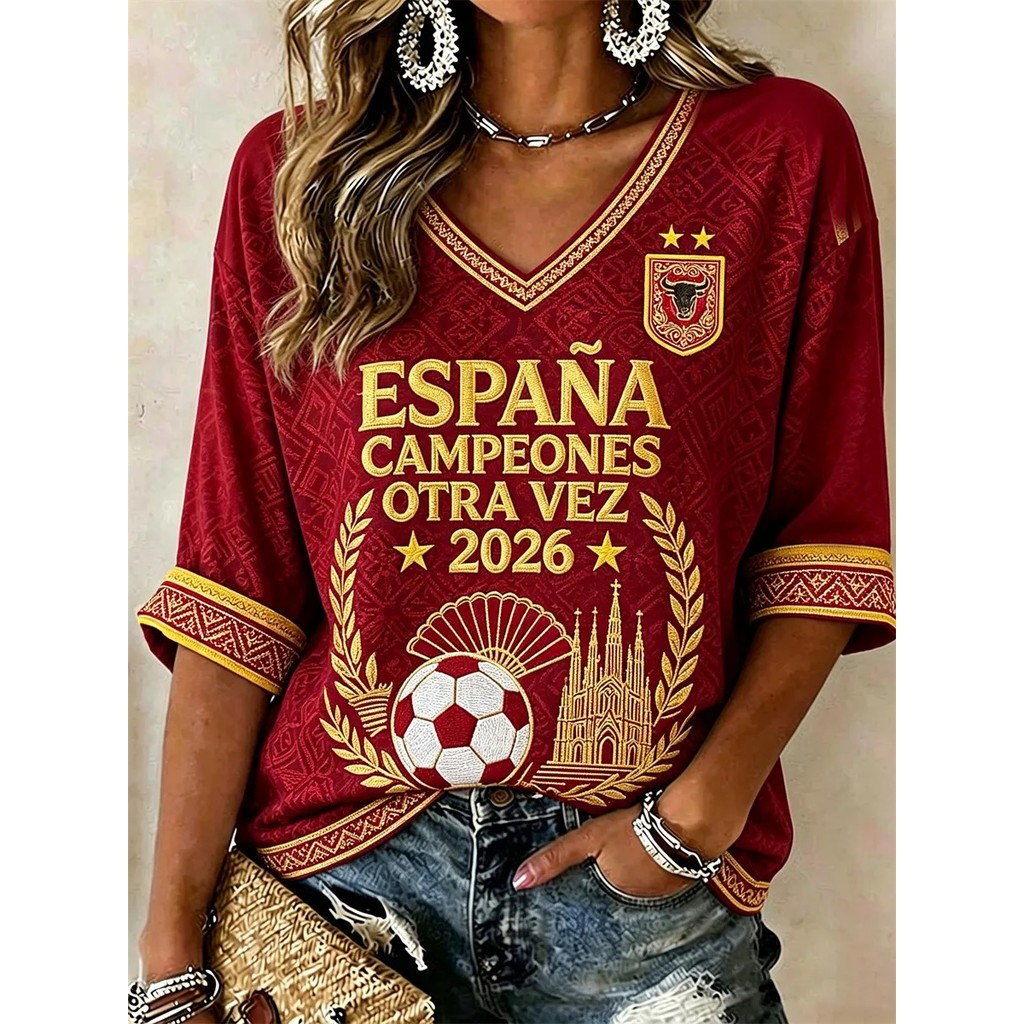 ผู้หญิง V คอ 3/4 เสื้อยืด, Espana Campeones Otra Vez 2026 Bull Crest ฟุตบอล Ball Cathedral พัดลม Lau