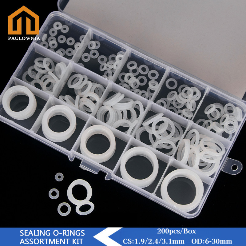 200 ชิ้น/กล่องสีขาว VMQ ซิลิโคน O-แหวนเครื่องซักผ้า Fasteners CS1.9/2.4/3.1 มม.OD6-30 มม.DIY ซ่อม