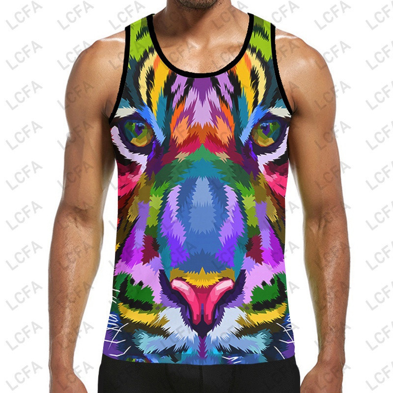 Flame Tiger 3D พิมพ์รูปแบบผู้ชาย 3D เสื้อกั๊ก O คอแขนกุด Street ยี่ห้อ Jersey Tank Top Country Stree