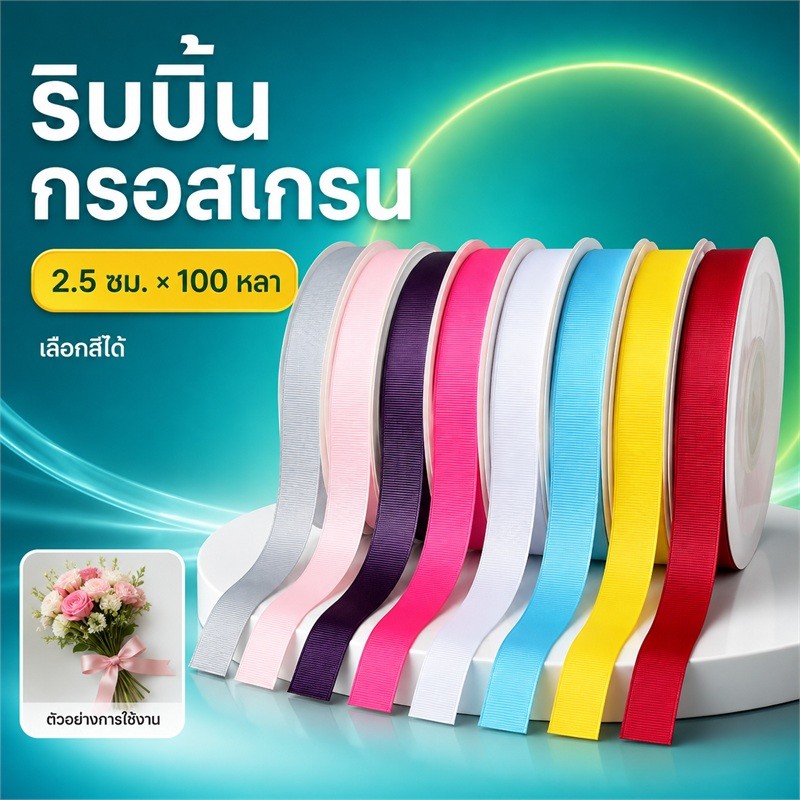 ริบบิ้นกรอสเกรน ขนาด 2.5 ซม. x 100 หลา Premium สำหรับผูกช่อและจัดช่อดอกไม้ สินค้าพร้อมส่งจากไทย