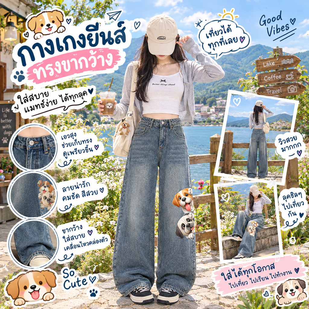 🛒FF.shop🛒กางเกงยีนส์ผ้าไม่ยืด สีเฟค ทรงกระบอก พิมพ์ลายการ์ตูน เอวสูง ทรงสวยใส่สบาย แมทง่ายใส่ได้ทุกล