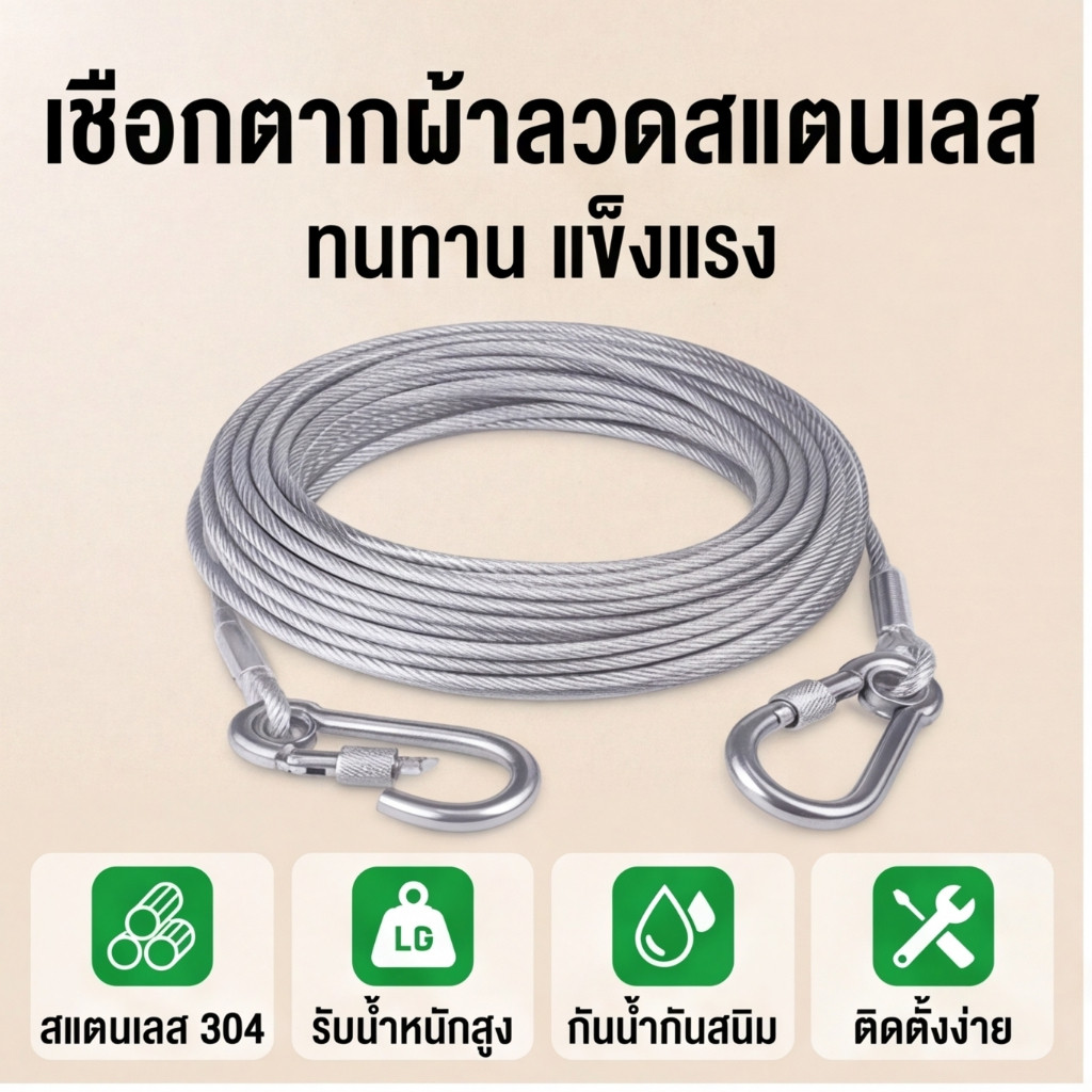 เชือกตากผ้า เชือกลวดสลิง แข็งแรง ทนทาน รับน้ำหนักได้ดี เชือกแขวนผ้า พร้อมตะขอ ติดตั้งง่าย ประหยัดพื้นที่