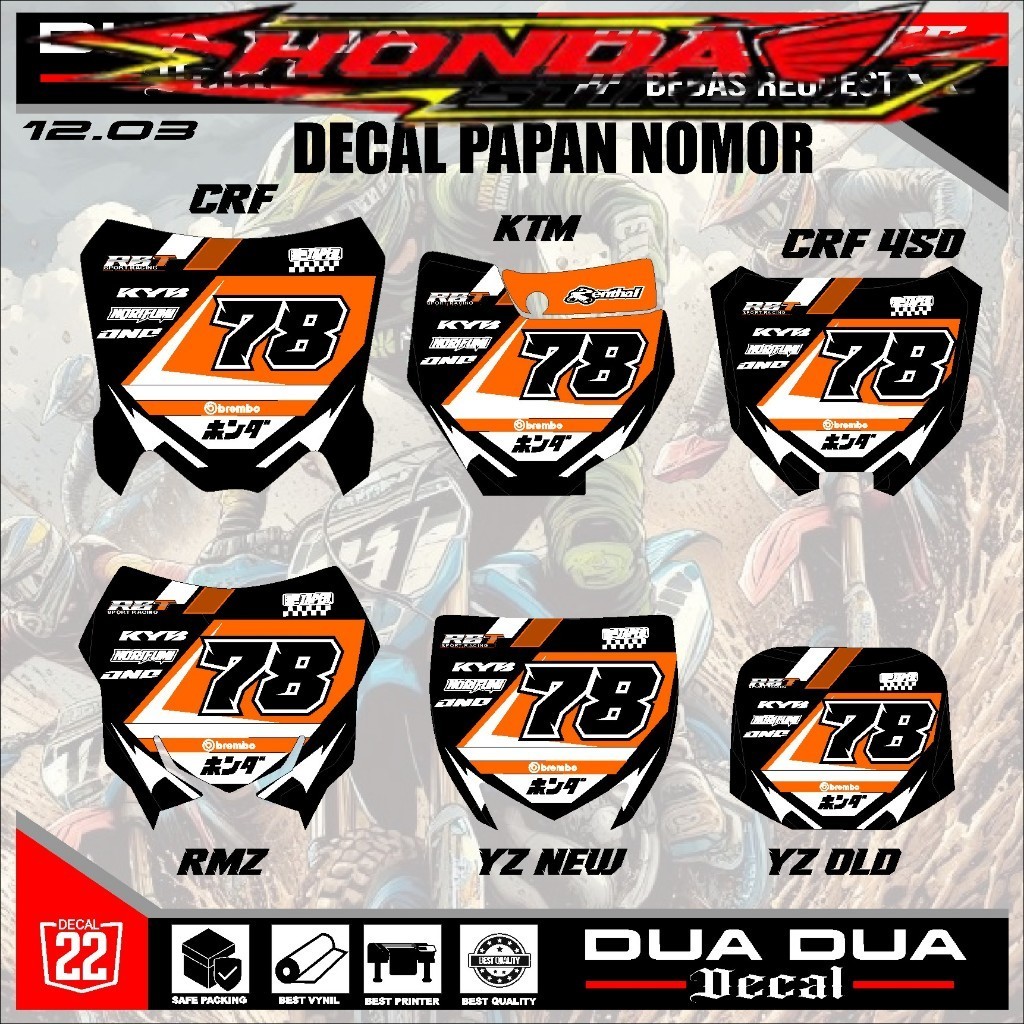 สติ๊กเกอร์แผ่นหมายเลขสติ๊กเกอร์ rbt crf150l,ktm 85,yz เก่า,yz ใหม่, RMZ, crf 250, crf450 หมายเลขขอฟร