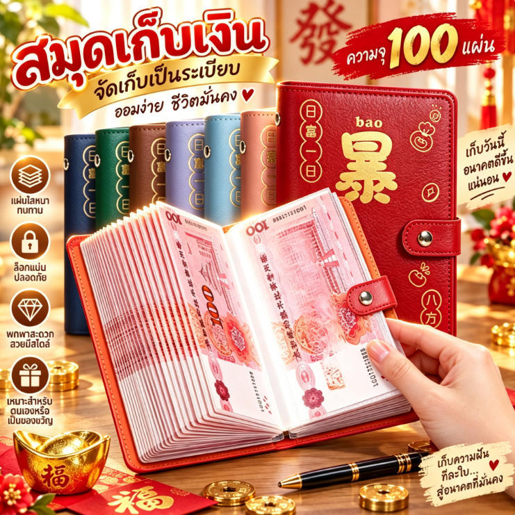 สมุดออมเงิน ใส่ได้ 100 แผ่น ปกหนัง PU มีหลายสี สมุดเก็บธนบัตร เก็บเงินสด จัดระเบียบง่าย พกพาสะดวก ท้าทายออมเงิน