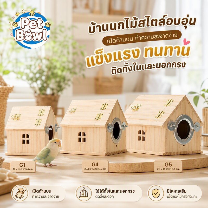 กล่องรังนกไม้ รังเพาะนก เปิดทำความสะอาดง่าย ติดตั้งในนอกกรง พร้อมสกรู สำหรับนกแก้ว ฟินช์ เลิฟเบิร์ด