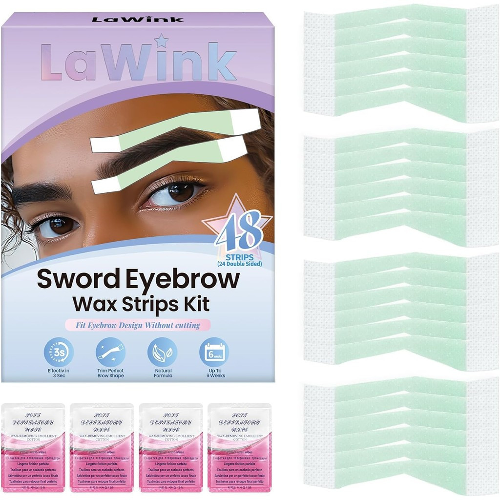 LaWink Sword Eyebrow Wax Strips Kit Facial Wax Strips, 48 pcs 4 Calming Oil Wipes, Ready to Use Face