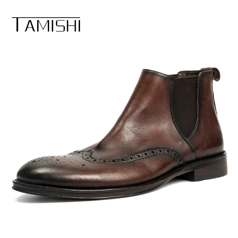 รองเท้าบู๊ตผู้ชายสไตล์อังกฤษ หนังแท้พร้อมขนแกะ แบบWarm High-Top Chelsea Boots สำหรับฤดูหนาว