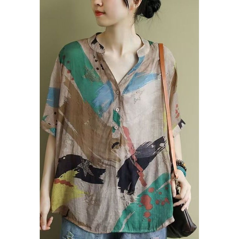 Yueyuejia Sekill 259 Tianhua DTH High-End กันยายนRetroพิมพ์เสื้อผู้หญิงกลางเอวPlusขนาดเสื้อฤดูร้อนหล