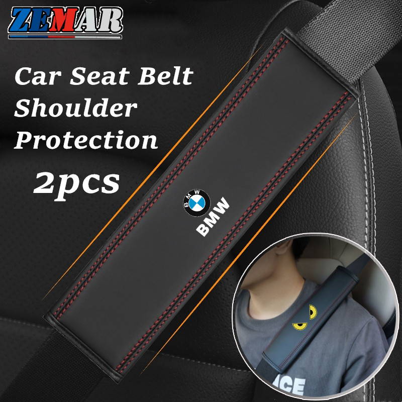 2 ชิ้น BMW Universal Car Seat เข็มขัดนิรภัยครอบคลุม Oxhide เข็มขัดไหล่ Pad รถเข็มขัดนิรภัยไหล่ป้องกั