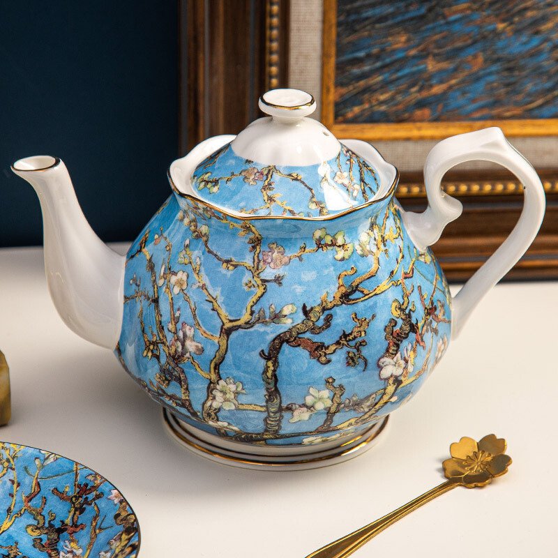 แวนโก๊ะภาพวาดสีน้ํามันแอปริคอทดอกไม้ต้นไม้กระดูกจีนหม้อกาน้ําชาครัวเรือนความจุขนาดใหญ่น้ําชายามบ่ายก