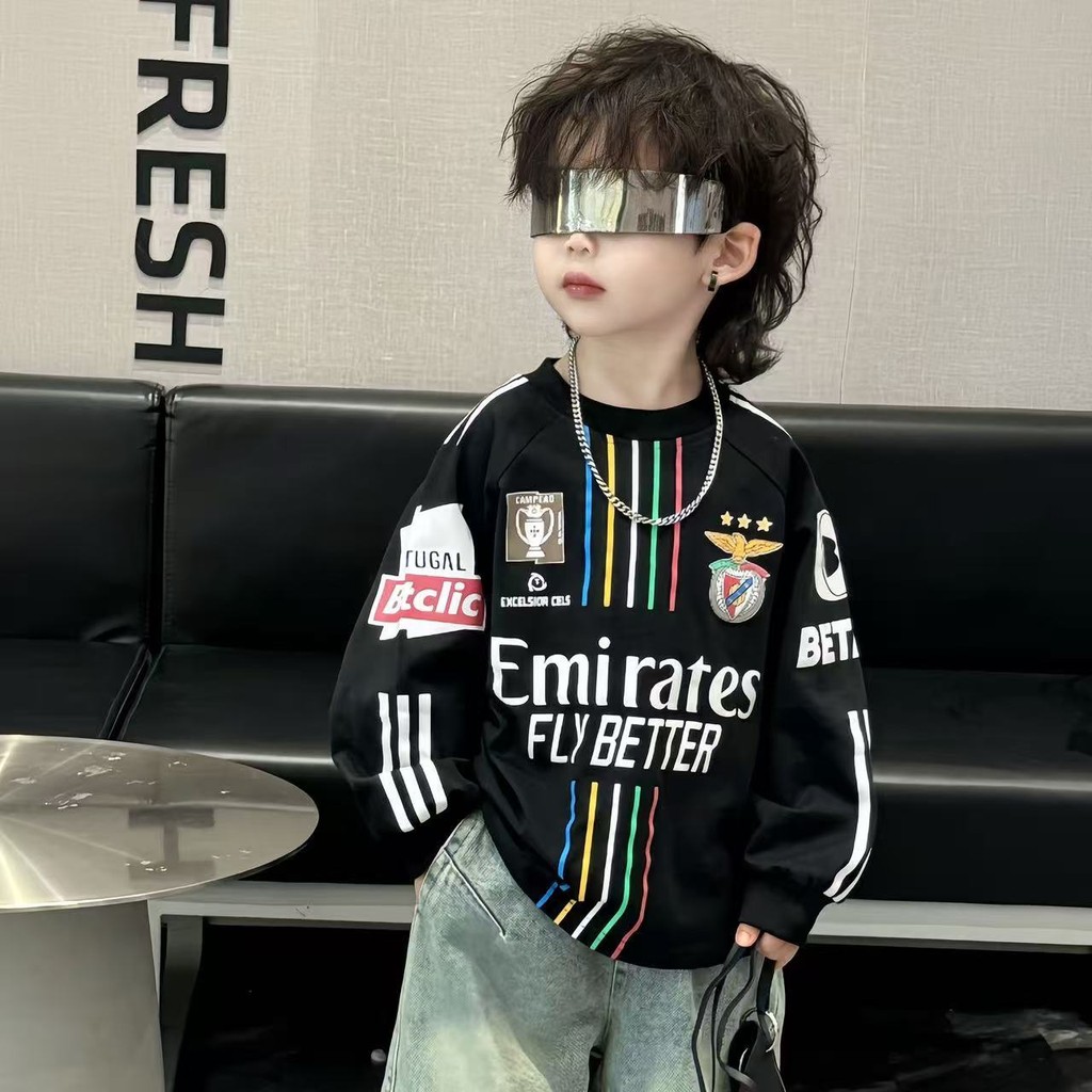 เด็กแขนยาวเสื้อยืด 2025 ฤดูใบไม้ผลิฤดูใบไม้ร่วงสไตล์ตะวันตก เด็กผู้ชาย เย็น หล่อ เด็กผู้ชาย ทารก ฤดูใบไม้ร่วง สูงสุด จุดต่ําสุด เสื้อเวอร์ชั่นเกาห