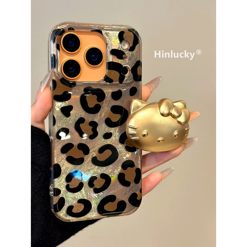 เคสไอโฟน 12 pro max เคสไอโฟน 15 pro max Hinlucky Premium Sense Brown Leopard Print Golden Kitty Hold