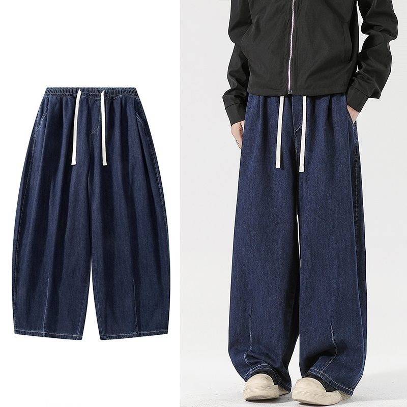 M-5XL ผู้ชาย กางเกงยีนส์ กางเกง ทรงหลวม วินเทจ เอวสูง ขากว้าง เอวยางยืด