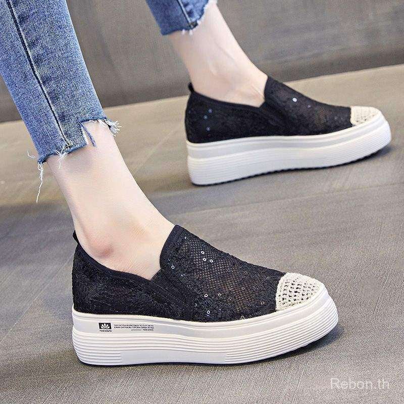 One-Pedal รองเท้าผู้หญิงหนา Soled ตาข่าย Breathable ลูกไม้ Lazy สุทธิรองเท้าความสูงรองเท้าผู้หญิง 0QD5