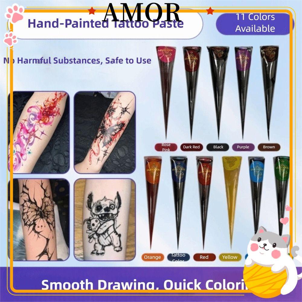 AMOR Henna Tattoo Cream, Easy-To-Use กึ่งถาวร Henna Paste Cone, Mehndi สีดําสีน้ําตาลชั่วคราว Mehndi