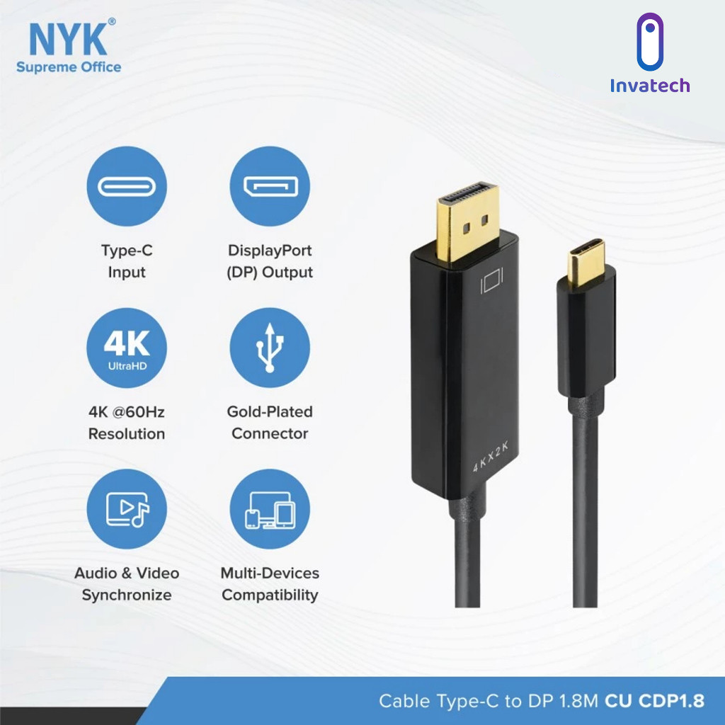 NYK 1.8M Gold Plate 4K Type C to DisplayPort Cable – 4K Type-C to DP Display Port Cable @60Hz