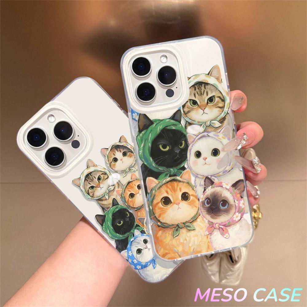 MESO - เจลลี่เนียนเงา IMD สีขาว เข้ากันได้สำหรับ เคสไอโฟน11 เคส iphone 16 Pro Max 7Plus XR 12 13 14 15 ลูกแมวน่ารัก