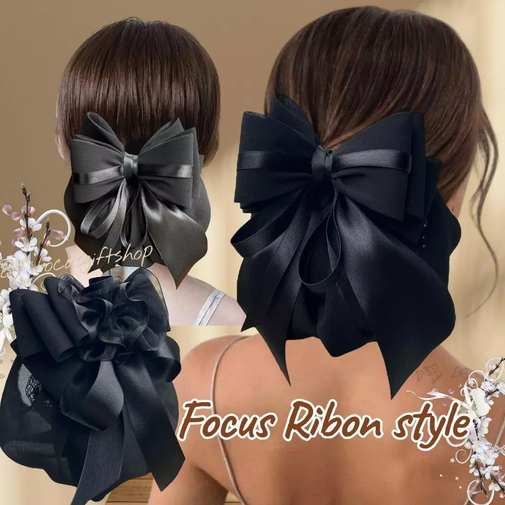 เน็ตคลุมผมชีฟอง Focus Ribon Style กิ๊บโบว์สีดำ เน็ตติดผมสีดำคลุม2ชั้น ข้าราชการ