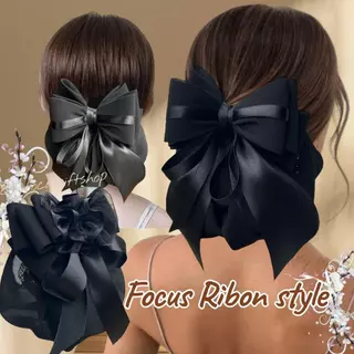 เน็ตคลุมผมชีฟอง Focus Ribon Style กิ๊บโบว์สีดำ เน็ตติดผมสีดำคลุม2ชั้น ข้าราชการ