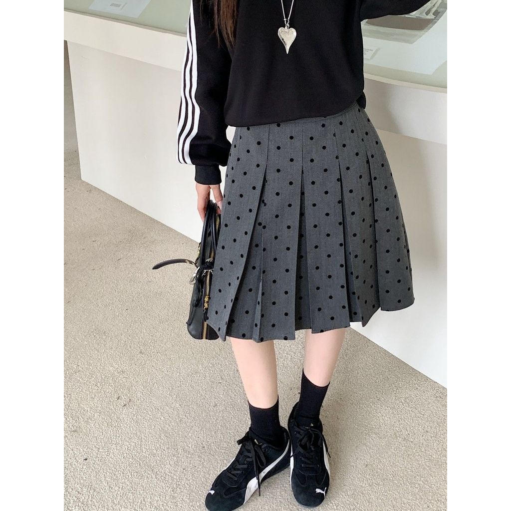 Retro สีเทา Polka Dot กระโปรงหญิงฤดูใบไม้ผลิแฟชั่นขนาดเล็ก Classy Commuter Slimmer ดูจีบกระโปรง ins