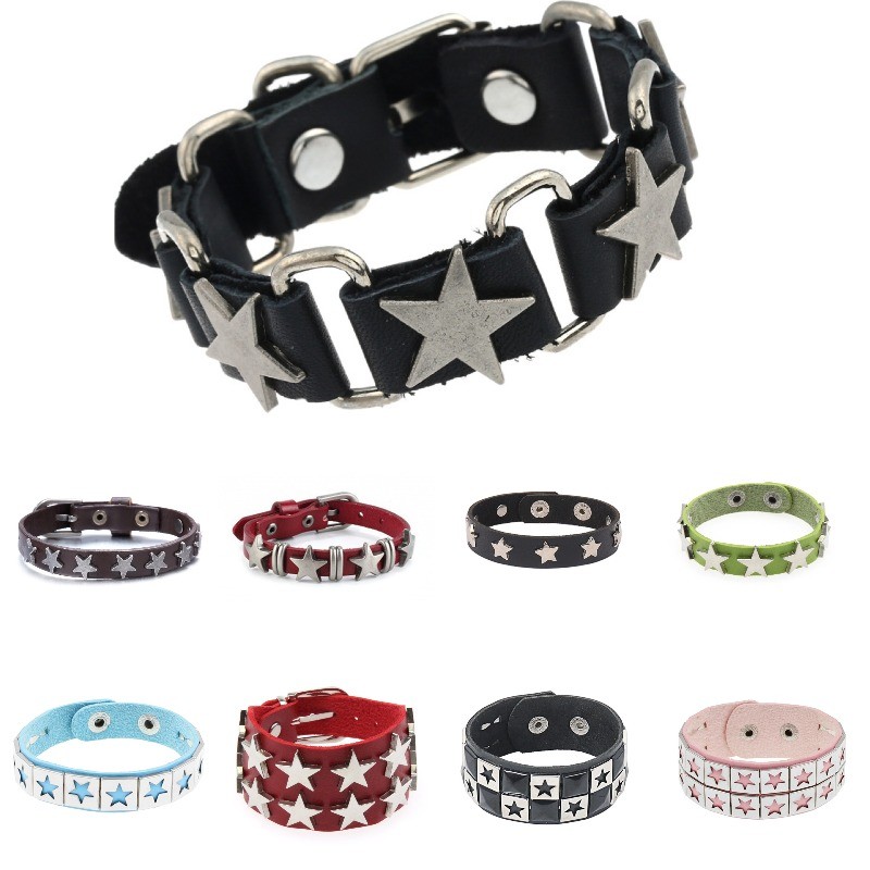 สร้อยข้อมือ Hip-Hop สไตล์ Star Rivet สำหรับทุกคน ทำจาก PU หนัง เทรนดี้และสวมใส่ง่าย