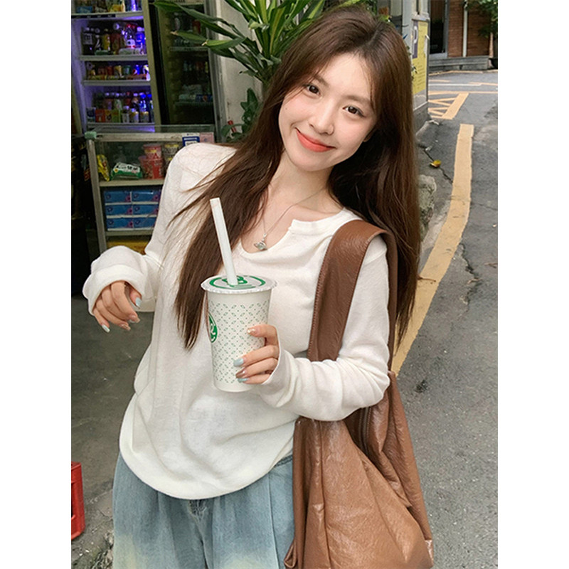 K ถักแขนยาวไหล่สีขาวเสื้อยืดผู้หญิงฤดูใบไม้ผลิฤดูใบไม้ร่วงด้านใน Bottoming เสื้อสไตล์ใหม่หลวม All-Ma