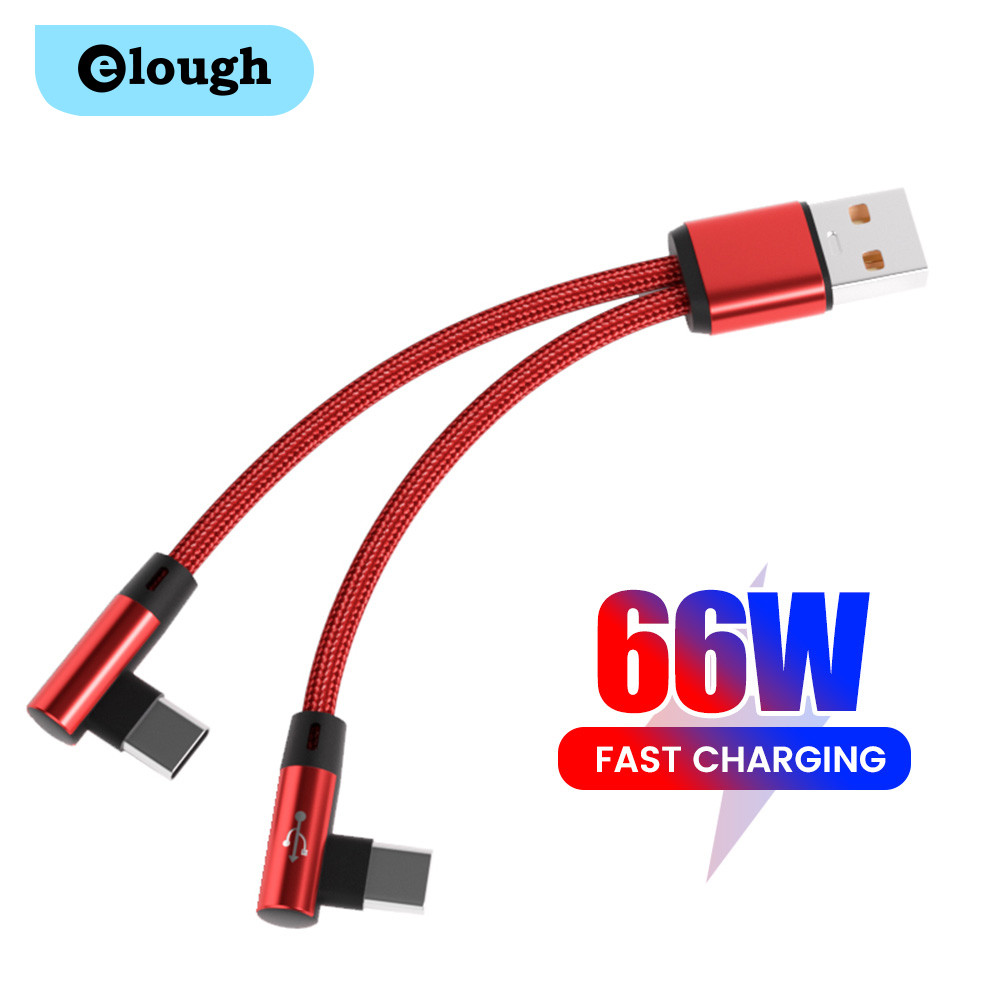 Elough 66W 2 in 1 USB A ถึง Dual Type C Cable Fast Charging 90° ลวดสายเคเบิลข้อมูลข้อศอก
