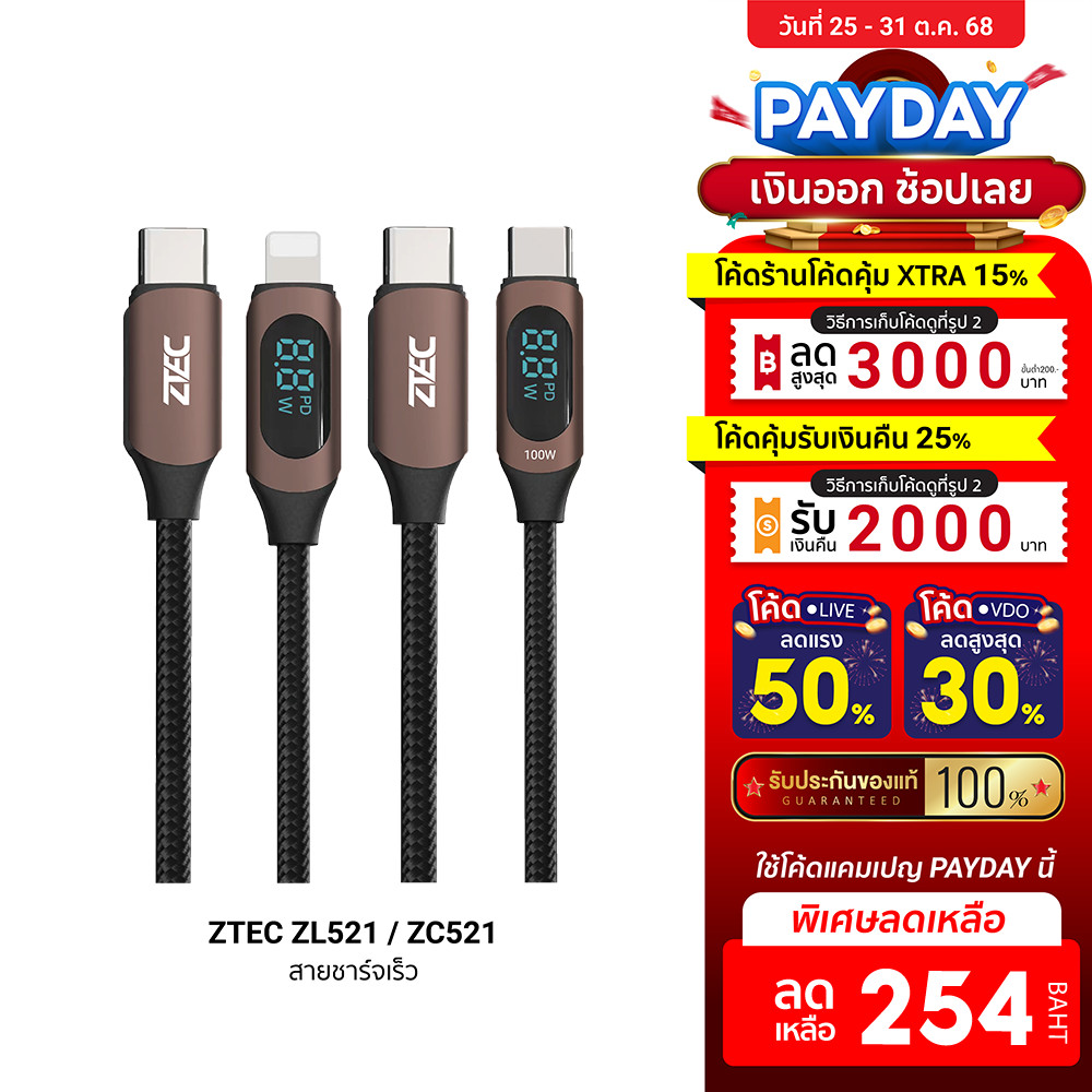 [ลดเหลือ 254] ZTEC ZL521 / ZC521 สายชาร์จ 5A 100W สายวัดกำลังไฟ USB-C to USB-C วัสดุสายถัก ยาว 1m -2