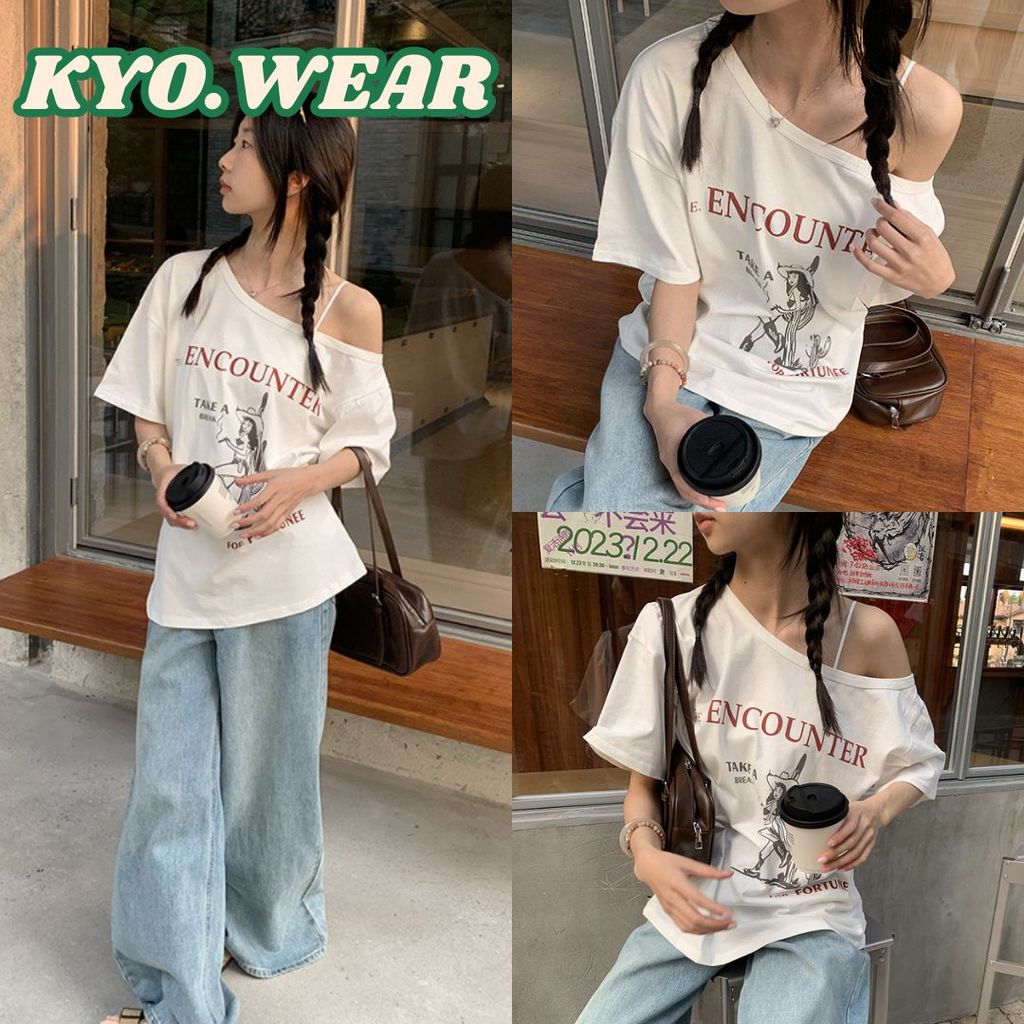 KYO 🌺 เสื้อปาดไหล่แขนสั้นผู้หญิง  ใส่สบาย ผ้านิ่ม ทรงOversize แมทช์ง่าย ได้ทุกลุค น่ารักละมุน "ENCOUNTER" ​​​