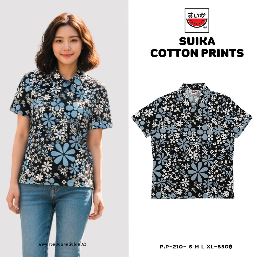 เสื้อแตงโม (SUIKA) -เสื้อยืดคอปกแขนสั้น พิมพ์ ลายดอกไม้   (P.P-210)