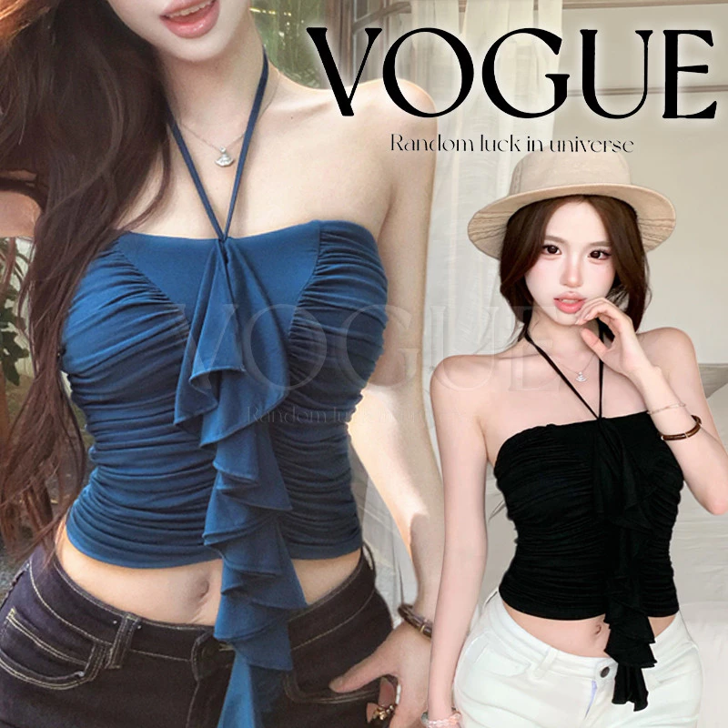 Vogue🌟พร้อมส่ง🌟 เสื้อคล้องคอรัดรูป ดีไซน์จับจีบทั้งตัวสำหรับผู้หญิง หางกระพรุนเล็กๆน่ารัก (FY5178#1)