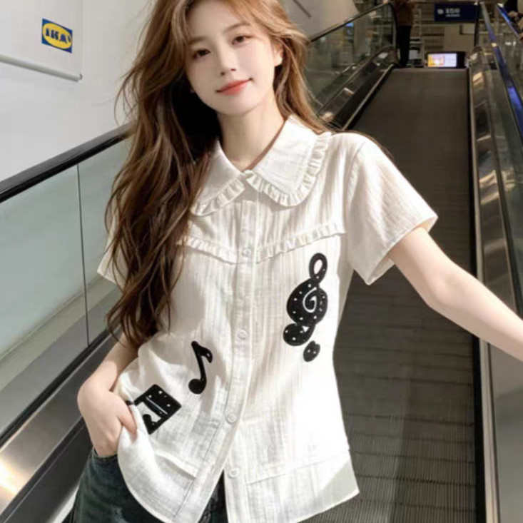 เกาหลีหมายเหตุปักเสื้อเชิ้ตสีขาวสุภาพสตรีคาร์ดิแกนแขนสั้นเสื้อยืดแฟชั่น