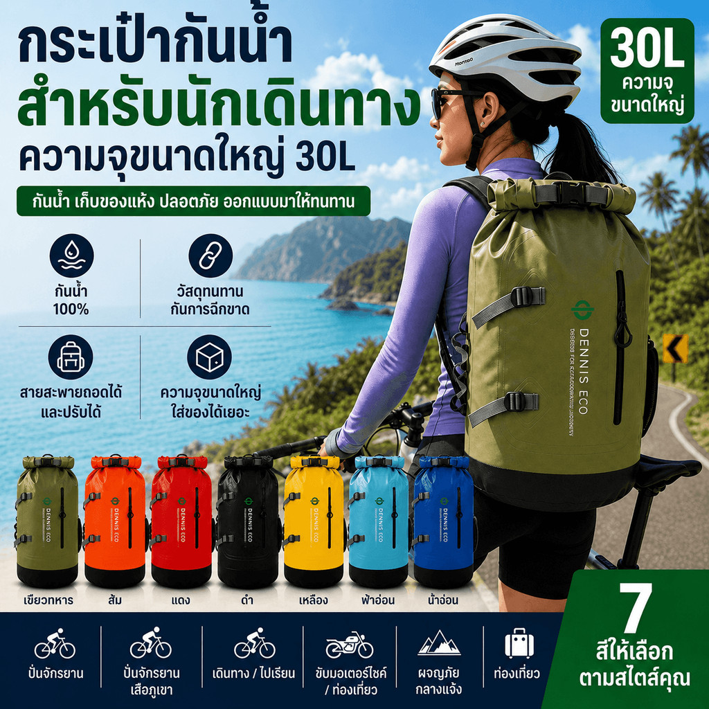 BAGKING กระเป๋ากันน้ำ 30L Dry Bag Backpack กันน้ำ 100% สะพายหลัง วัสดุพรีเมียม สำหรับทะเล แคมป์ปิ้ง เดินป่า พายเรือ