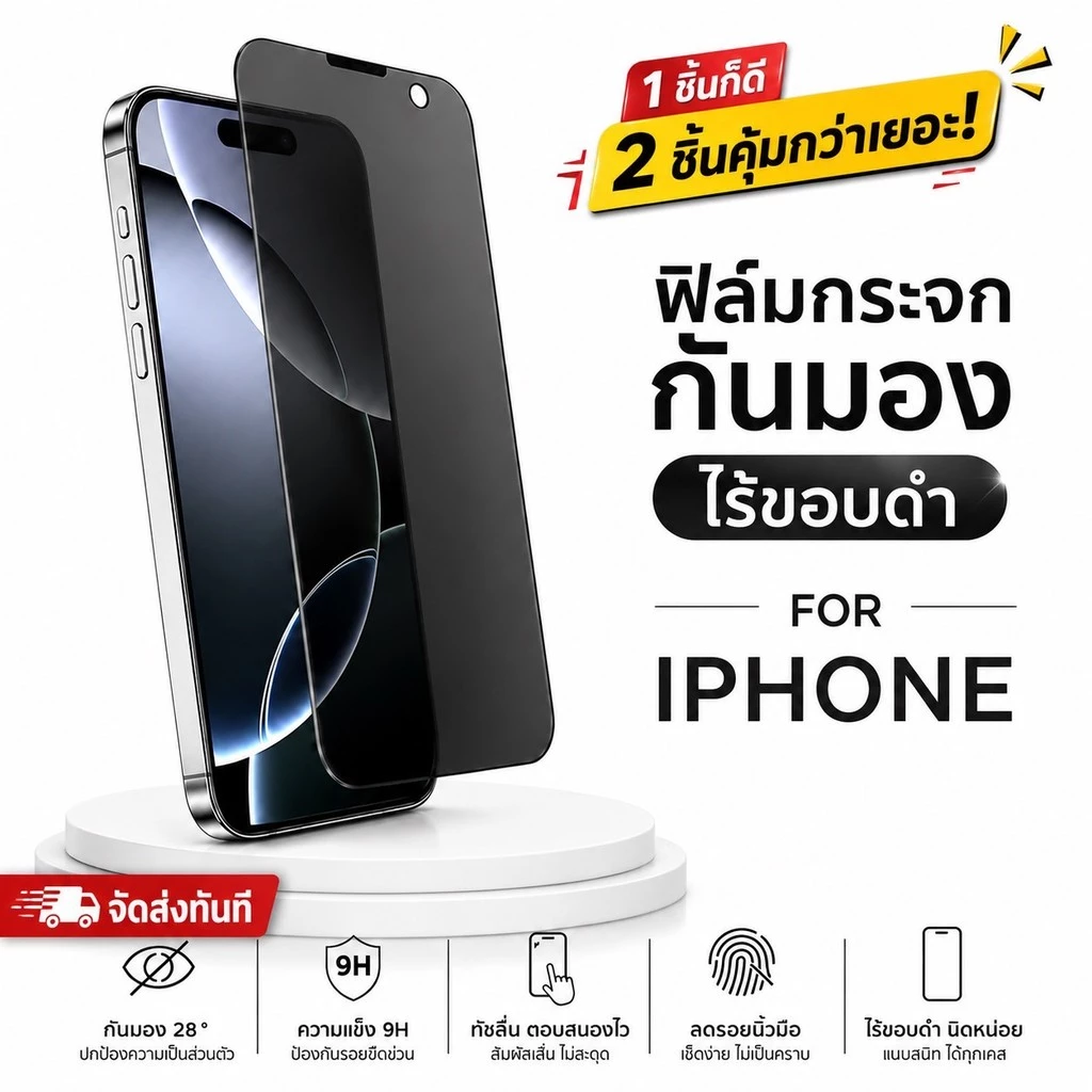 CX Shop (070) ฟิล์มกระจกกันมองข้างเต็มจอไร้ขอบ 3D PSLWE ความแข็ง 9H รองรับ iPhone XR ถึง 17Pro Max