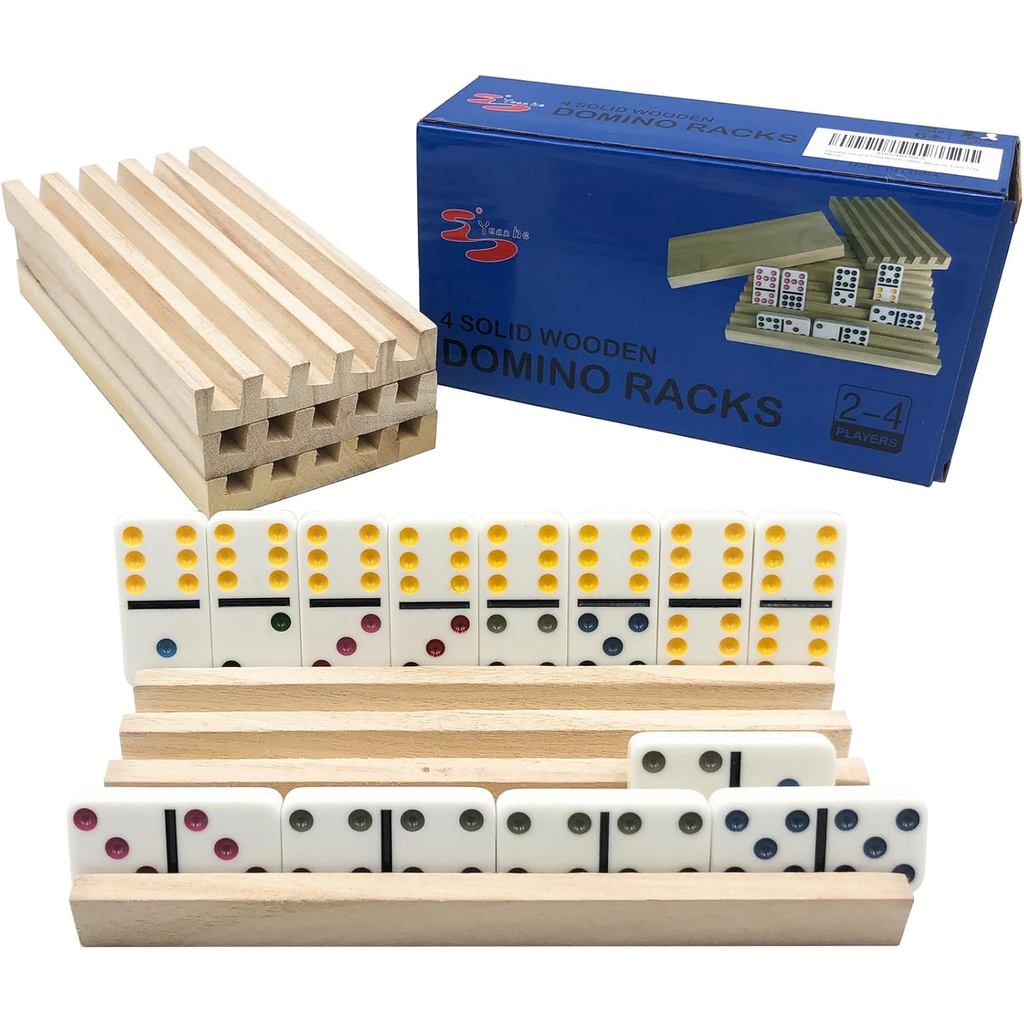 Yuanhe Domino Holder Trays Rack-ชุดกระเบื้องไม้ 4 ชิ้นสําหรับรถไฟเม็กซิกัน Rummy Chickenfoot