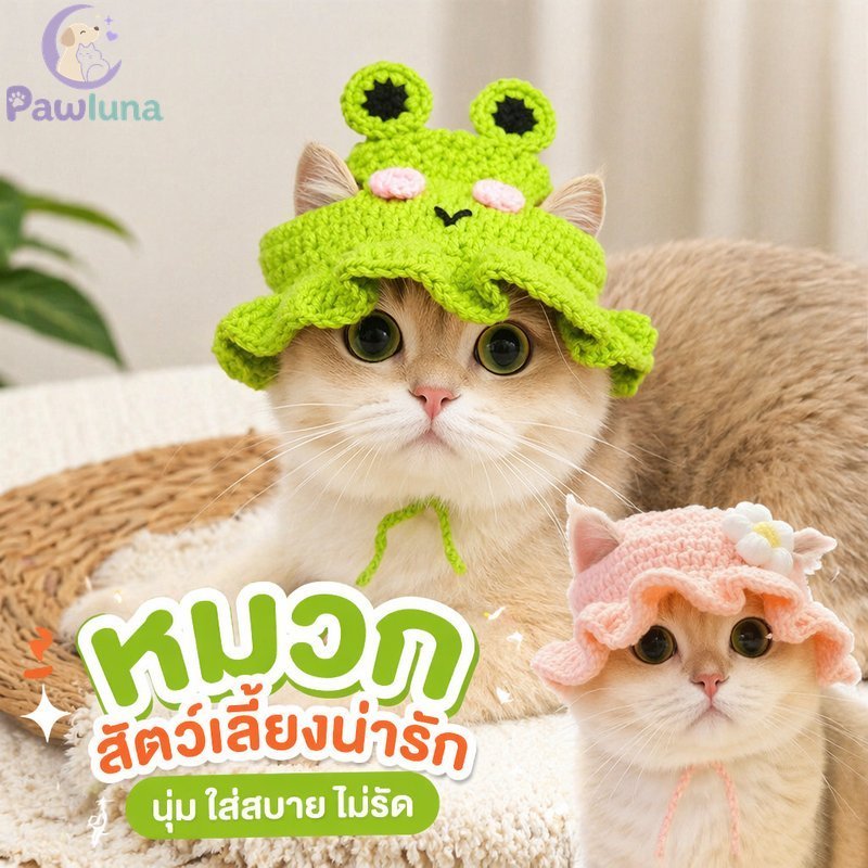 หมวกสัตว์เลี้ยงถักแมวสุนัขเครื่องแต่งกายที่ทําด้วยมือน่ารักภาพ พี เชือก นุ่มอบอุ่นพรรค ชม. หูฟัง ขนาดเล็ก