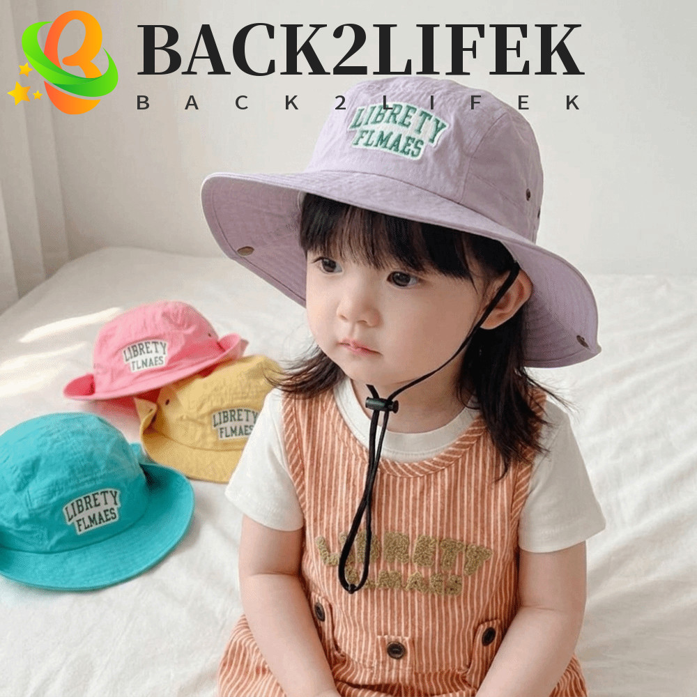 BACK2LIFEK หมวกบักเก็ตสีลูกกวาด, เย็บปักถักร้อยตัวอักษรสไตล์เกาหลีฤดูร้อนเด็ก Sunhat, แรเงาสีทึบ Quick-dry Anti-UV Sun หมวกหมวกชาวประมงเด็ก