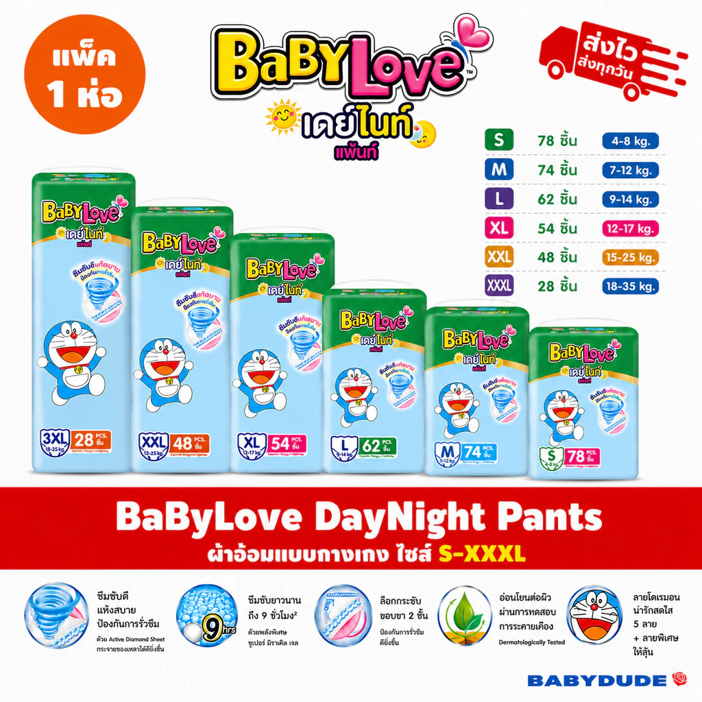 แพ็ค 1 ห่อ เบบี้เลิฟ เขียว เดย์ไนท์ แพ้นท์ ผ้าอ้อมกางเกง BabyLove DayNight Pants S-XXXL