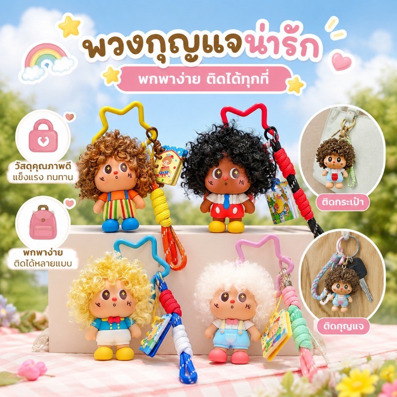 พวงกุญแจตุ๊กตาผมหยิก การ์ตูน ห้อยกระเป๋า เป้ พวงกุญแจบ้าน กุญแจรถ ห่วงดาว เชือกถัก ของขวัญ