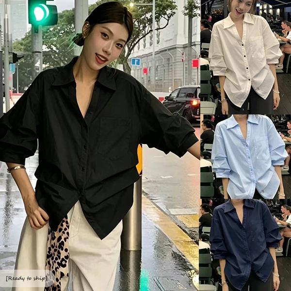 MIMI-เสื้อเชิ้ตสีดำแขนสั้นสำหรับผู้หญิง ไซส์ใหญ่ มีปก ทรงเข้ารูปช่วงเอว สวมใส่สบาย ฤดูร้อนและฤดูใบไม้ร่วง#99470