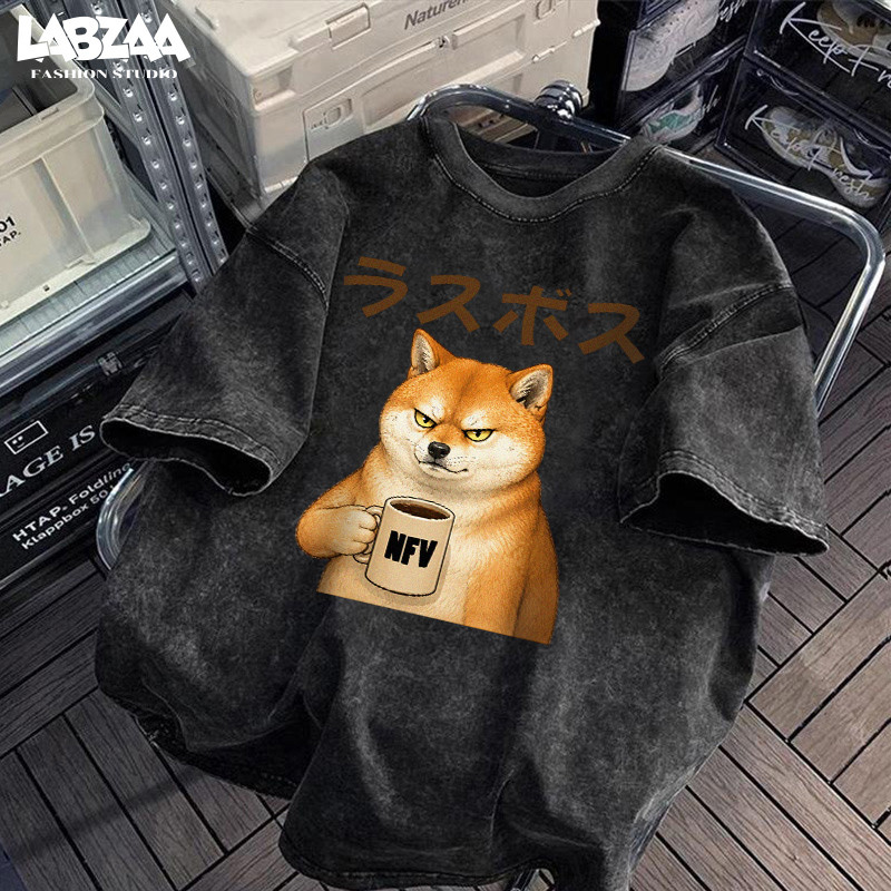 【จัดส่งจากกรุงเทพฯ】LABZAA  เสื้อยืดผู้ชาย🔥วินเทจฟอกน้ำ ทรงหลวม ระบายอากาศ ใส่สบาย ลายหมาน้อยน่ารัก YG6200