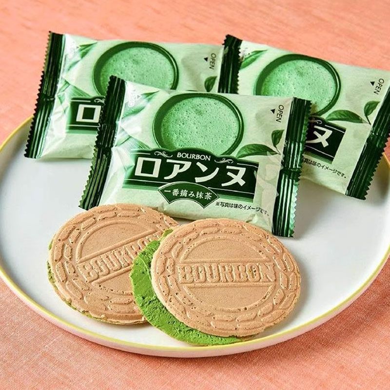 บิสกิตญี่ปุ่น Bourbon Bourbon Matcha Flavour Sandwich Wafer French Small Round Biscuits Crispy Biscu