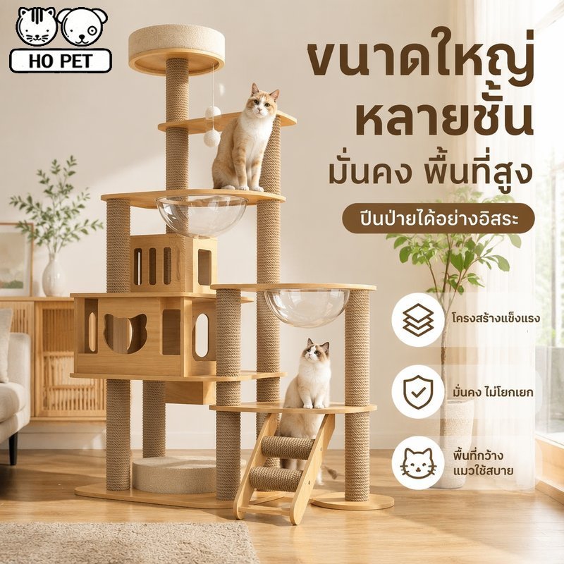 คอนโดแมวไม้ หลายชั้น มินิมอล บ้านแมวสูง โดมใส บันไดปีน ที่นอนแมว เฟอร์นิเจอร์แมว