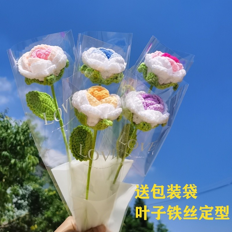 成品编织毛线手工针织玫瑰创意编织玫瑰情人节送女* 友闺蜜生日礼物Creative Weaving Handmade Knitted Yarn Bouquet Simulation Flower Tea