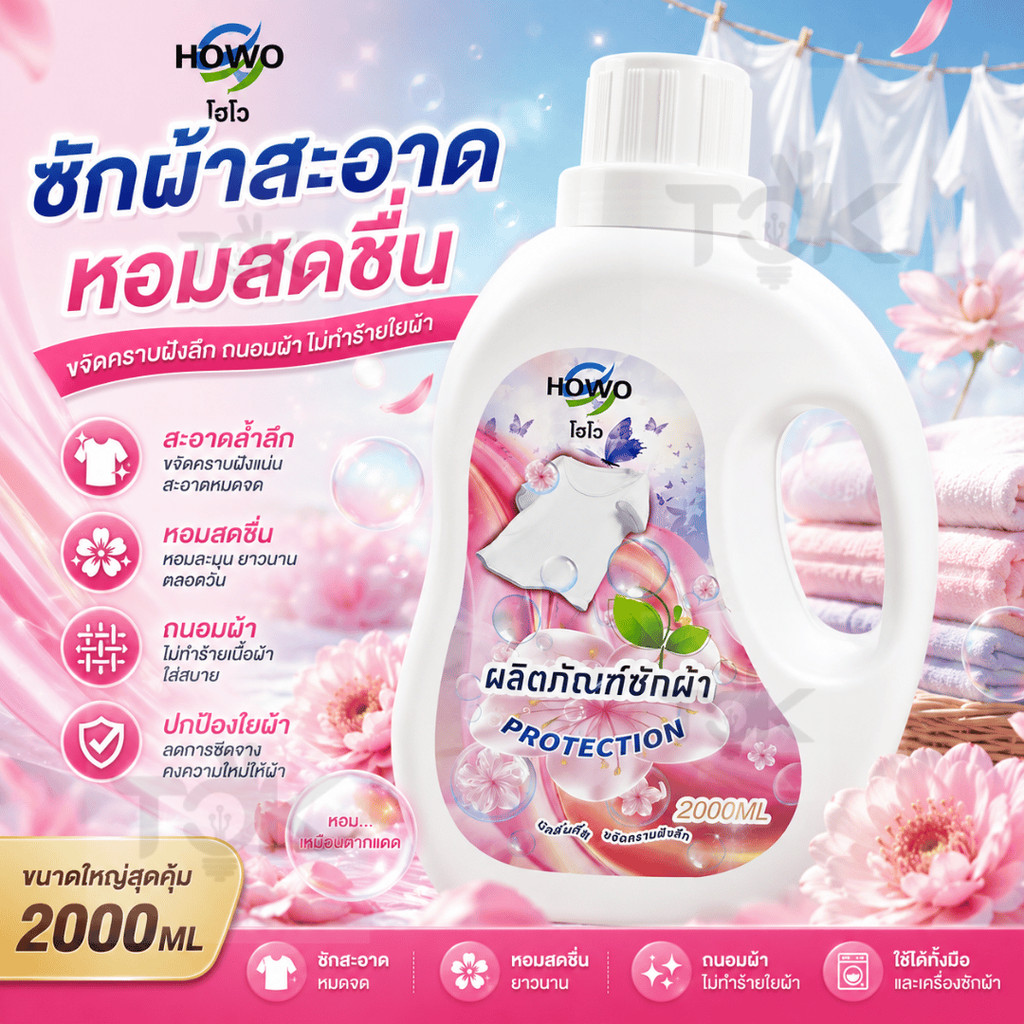 HOWO น้ำยาซักผ้า 2000ml. กลิ่นหอมสดชื่น ขจัดคราบสกปรก ลดกลิ่นอับชื้น ซักมือและเครื่องได้